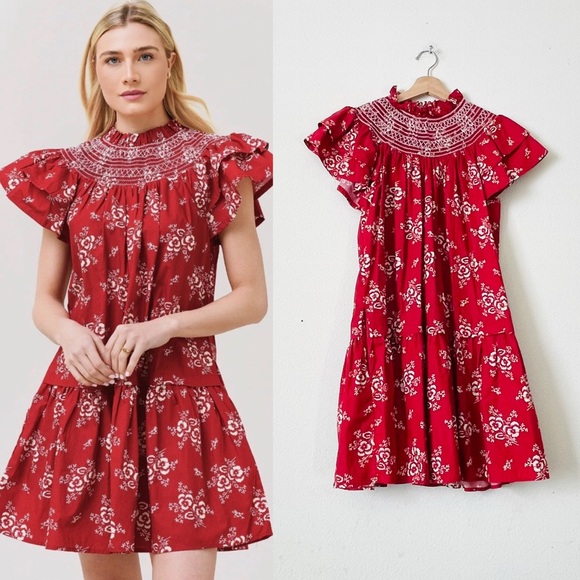 Sea New York MEDIUM Alessia red smocked flutter sleeve red floral mini dress